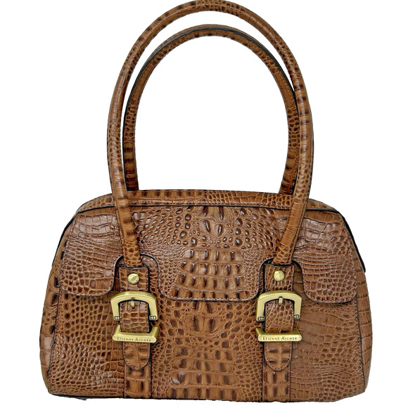 Etienne Aigner Leather Shoulder Bag Brown Croc Embossed Double Handles Pristine - Picture 1 of 15